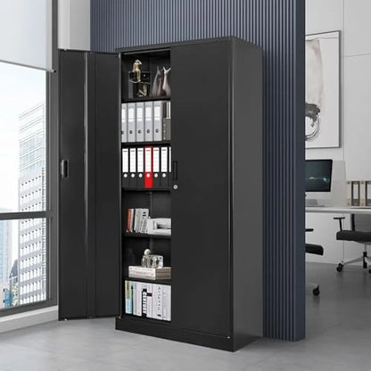 Gabinete de almacenamiento de metal de 71" con 2 puertas y 5 estantes ajustables, gabinete de acero con cerradura para garaje, gabinetes altos con cerradura