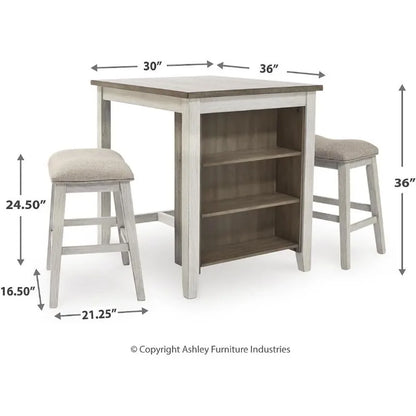 3 Piece Counter Height Dining Set, Includes Table and 2 Barstools, Whitewash