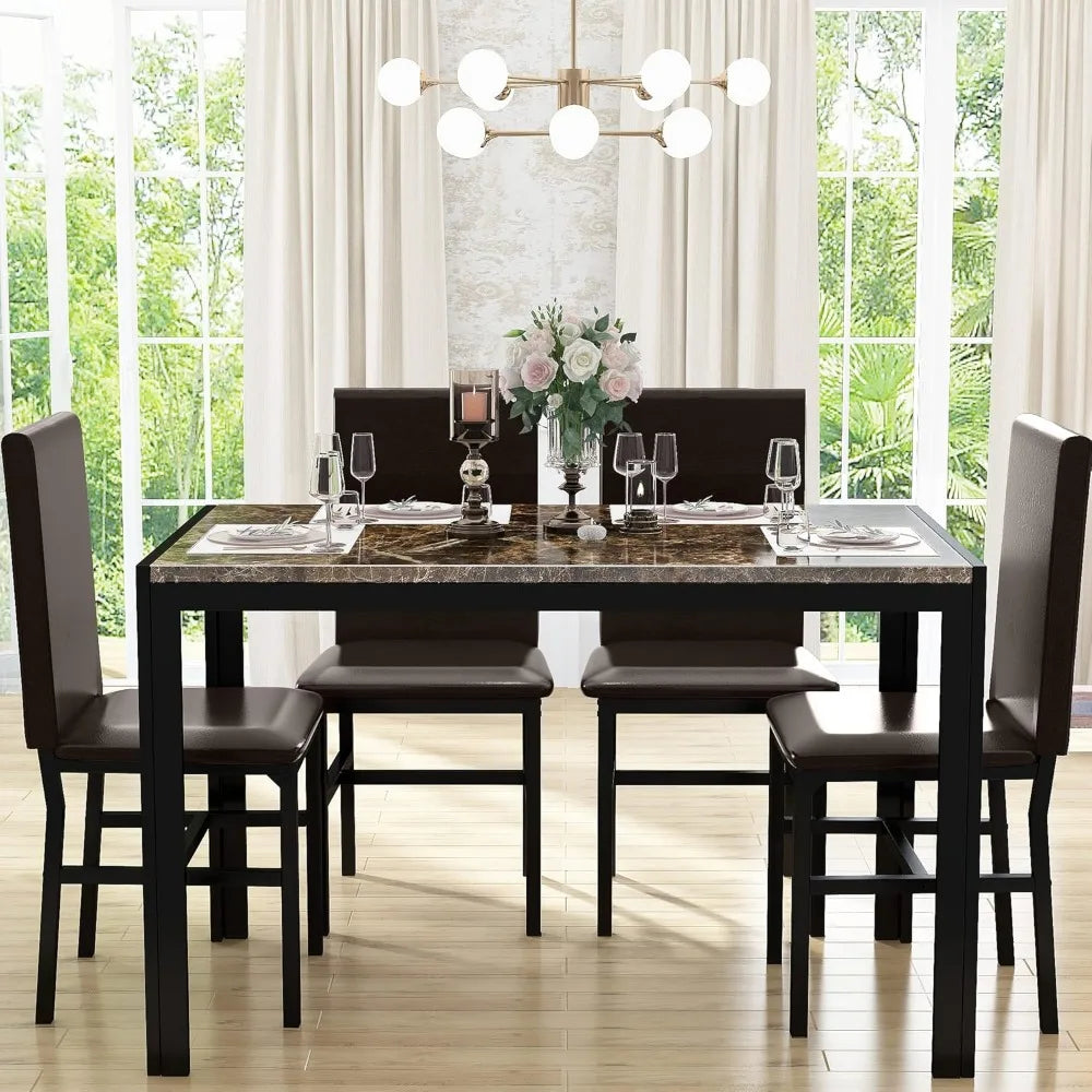 Ensemble de table à manger pour 4 personnes, tables à manger en faux marbre avec 4 chaises rembourrées en cuir PU, ensemble de table de salle à manger 5 pièces