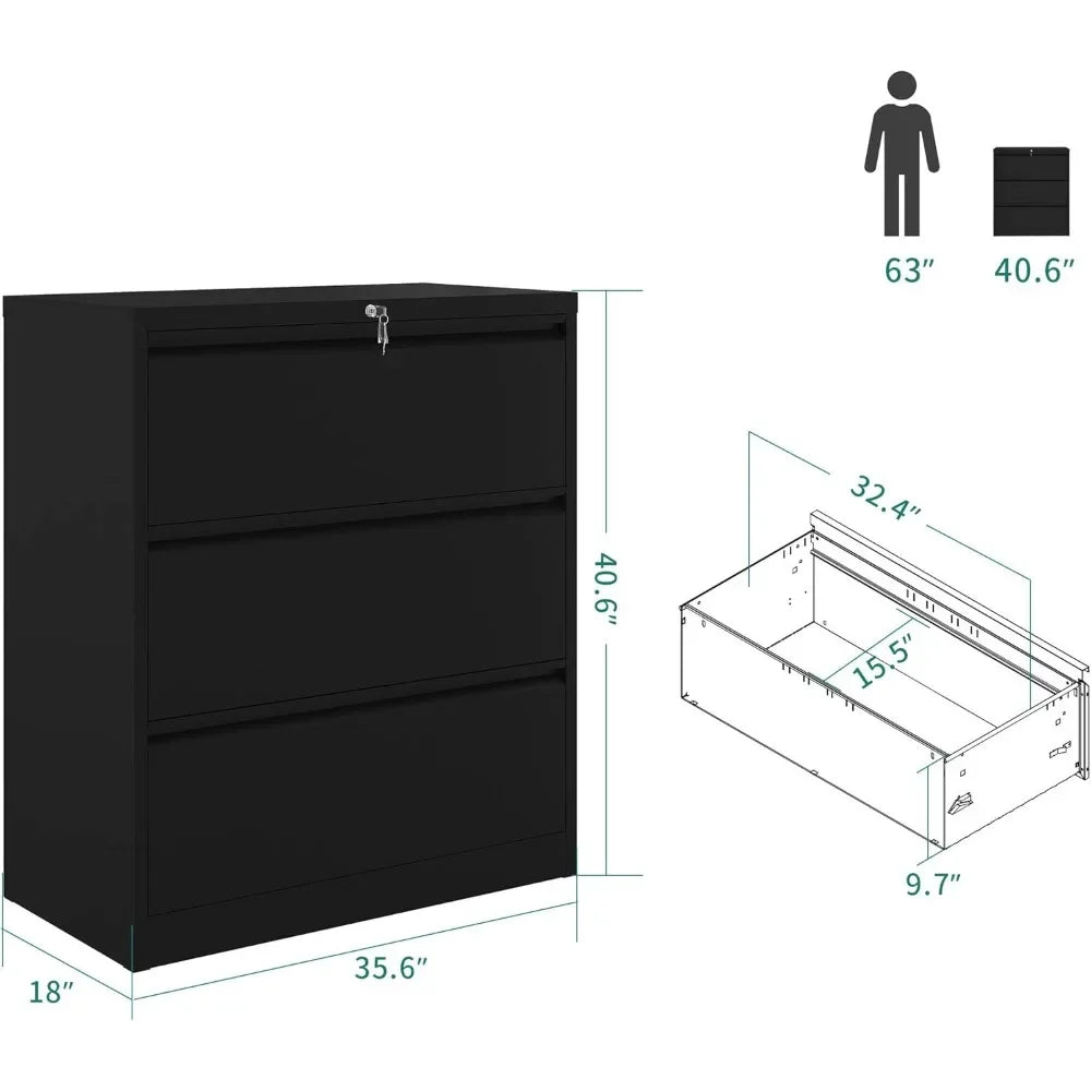 3 Drawer Lateral File Cabinet with Lock, Metal Stainless Steel Wide Lateral Filing Cabinet for Legal/Letter A4 Size