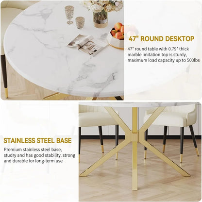 Juego de mesa de comedor de mármol redondo moderno de 7 piezas, adecuado para una mesa de comedor redonda de 47 pulgadas con 6 sillas de felpa