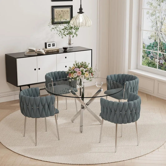 Juego de mesa de comedor de vidrio redonda moderna para 4 personas, juego de mesa y sillas de cocina redondas transparentes de 47", silla de comedor tejida para el hogar en color azul