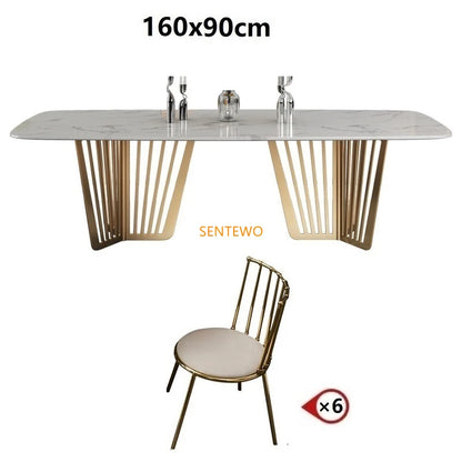 Mesa de comedor de cocina de mármol de lujo SENTEWO con juego de 8 sillas, mesa de comedor con base de metal esmaltado de titanio, mesas con 4 sillas