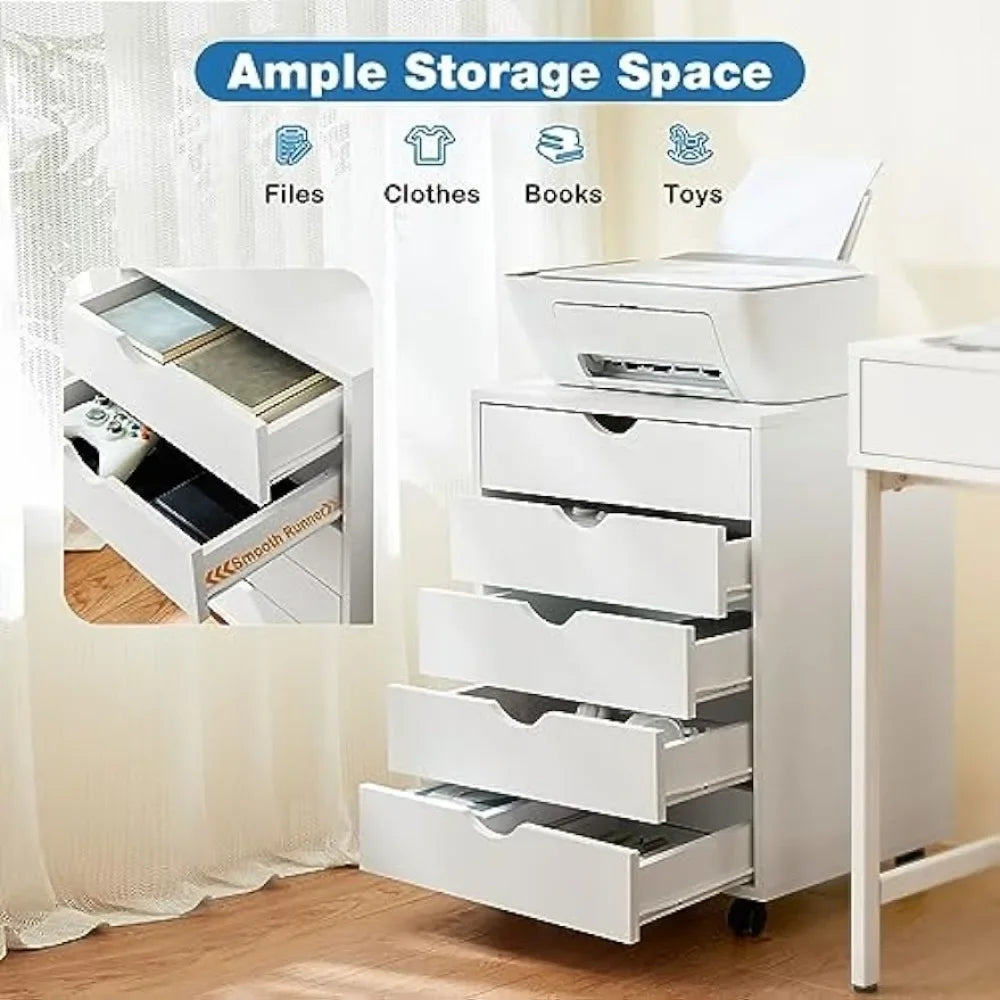 2023 New  5 Drawers, Wood File Cabinet Home Office Portable Mobile Storage, White