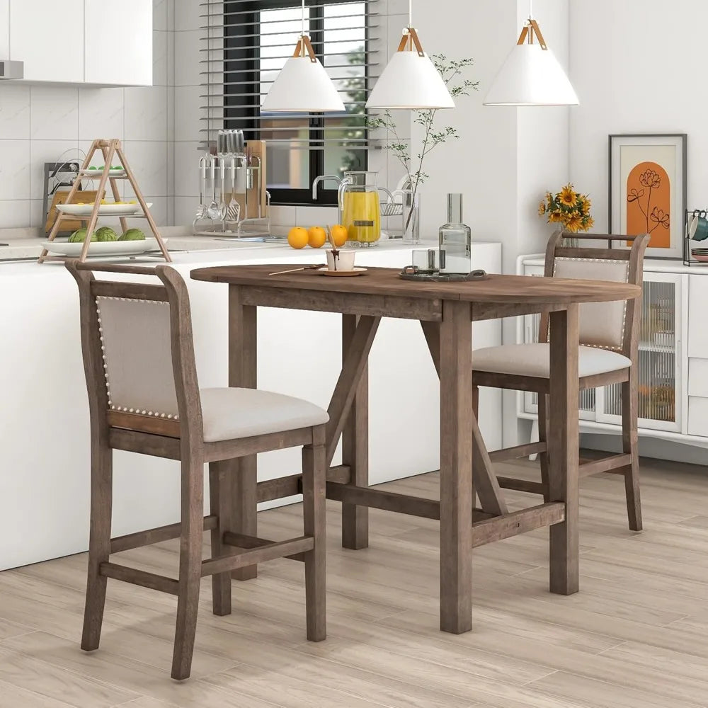 3 Piece Counter Height Kitchen Dining Set with Drop Leaf Dining Table and 2 Dining Padded Chairs, Brown