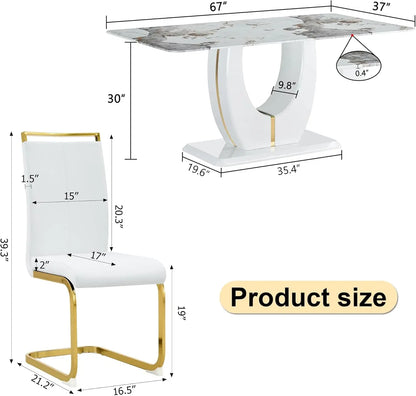 Ensemble de table pour 6 chaises de cuisine Ensemble de 6, ensemble de salle à manger moderne Table à dîner en faux marbre 67'' Rembourrée en cuir PU