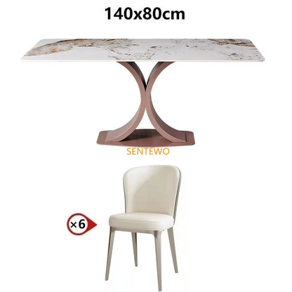 Mesa de comedor de lujo SENTEWO con losa de roca y silla de acero inoxidable con base de oro rosa y mármol sintético, muebles para cocina