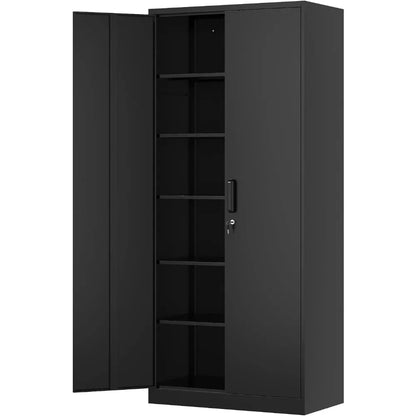 Metal Storage Cabinet-71” Tall Steel File Cabinets with Lockable Doors and Adjustable Shelves-Black Steel Storage Cabinet