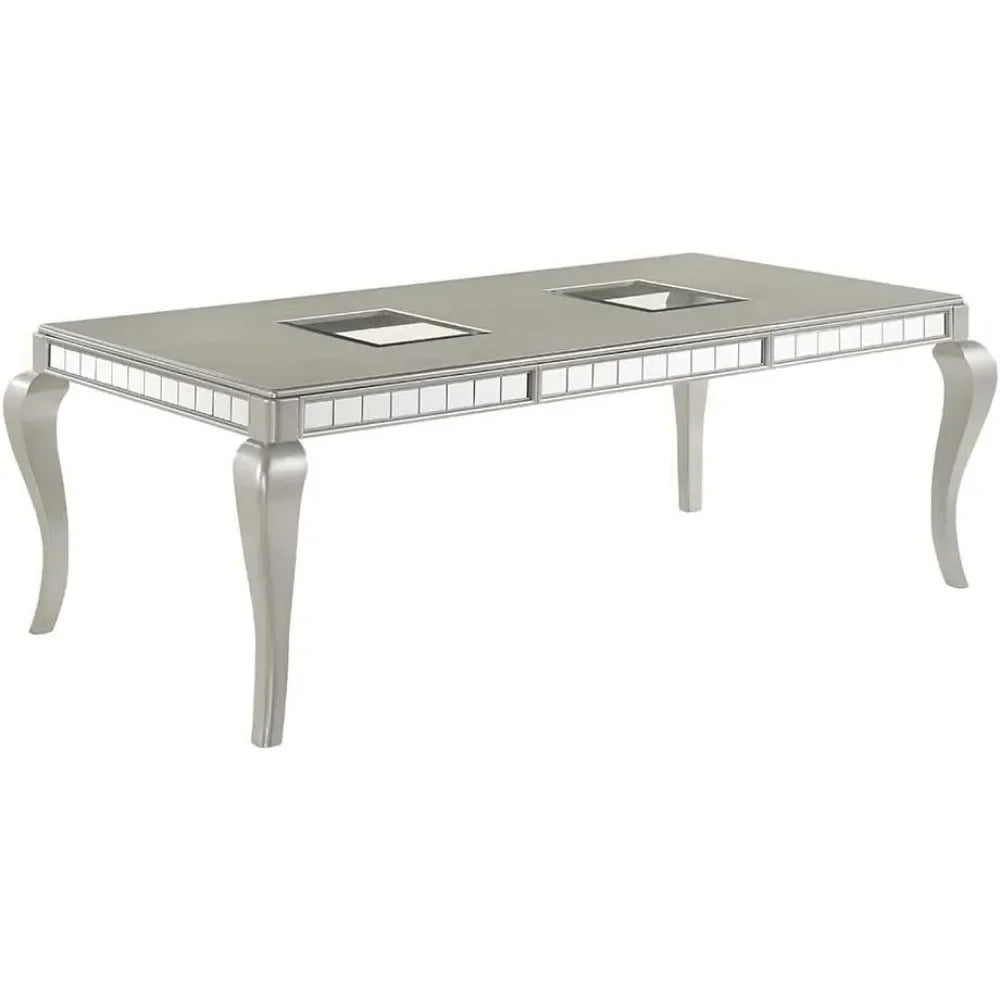 Juego de mesa de comedor para 6 personas, mesa de comedor rectangular con borde de espejo plateado y silla con botones en color champán, juego de muebles de lujo