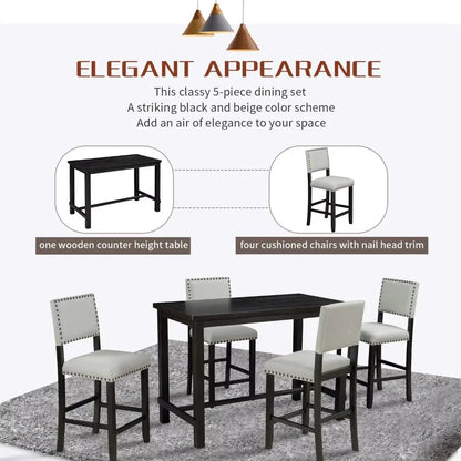 Juego de mesa de altura de mostrador SOFTSEA de 5 piezas, mesa clásica elegante y 4 sillas tapizadas, juego de mesa de cocina de madera, comedor