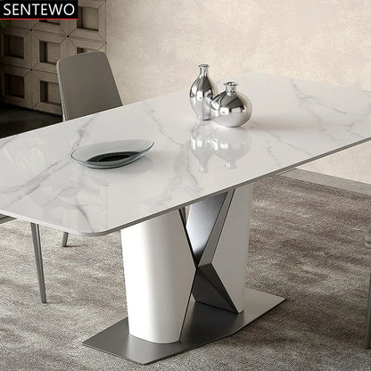 Juego de mesa de comedor de lujo con losa de mármol y 8 sillas, mesa de comedor de mármol, mesa de comedor de acero inoxidable con base dorada