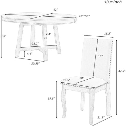 Juego de mesa de comedor de 5 piezas, mesa de comedor redonda extensible y 4 sillas de comedor tapizadas (madera de roble natural + blanco antiguo)