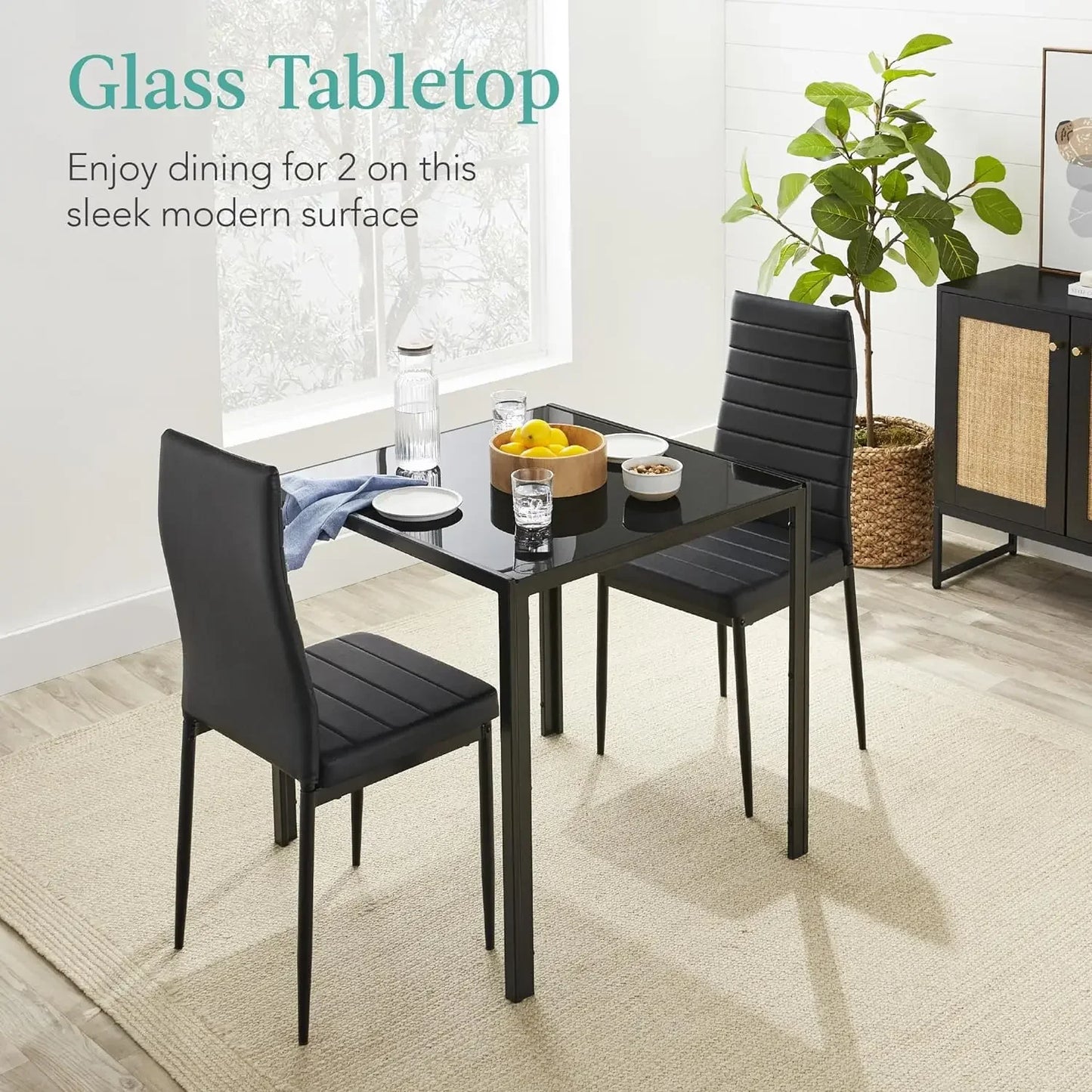 3-Piece Glass Dining Set, Modern Kitchen Table Furniture for Dining Room, Dinette,  w/Glass Tabletop, 2 Upholstered PU Chairs,