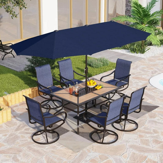 Juego de comedor de patio con sombrilla para 6 personas, sillas de comedor giratorias para exteriores y 1 mesa grande con tablero de madera similar a la de madera de 13 pies de ancho en azul marino