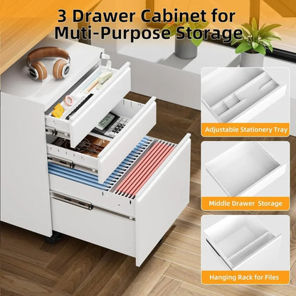 3 Drawer Filing Cabinet with Lock, Assembled White Mobile File Cabinet with Wheels, Rolling Small Metal Cabinets Under Desk