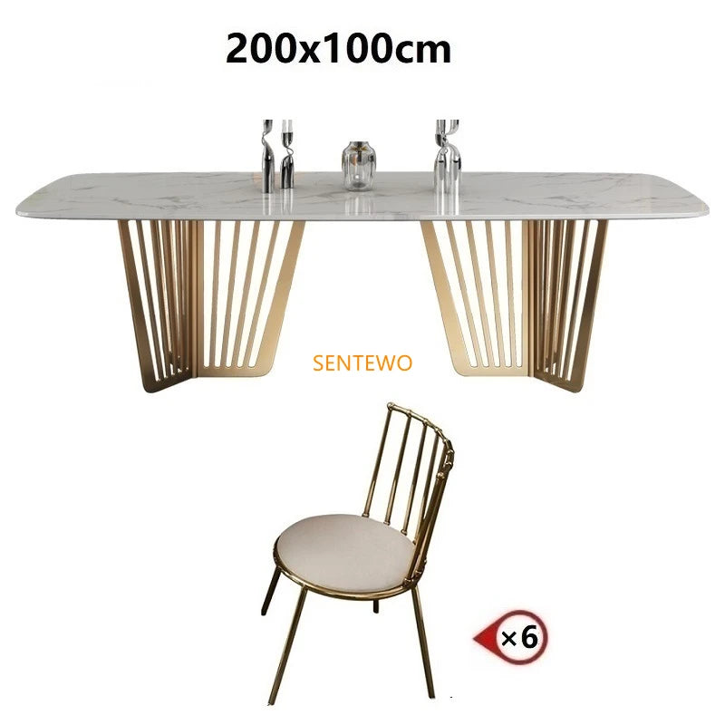 Mesa de comedor de cocina de mármol de lujo SENTEWO con juego de 8 sillas, mesa de comedor con base de metal esmaltado de titanio, mesas con 4 sillas