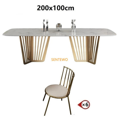 Mesa de comedor de cocina de mármol de lujo SENTEWO con juego de 8 sillas, mesa de comedor con base de metal esmaltado de titanio, mesas con 4 sillas