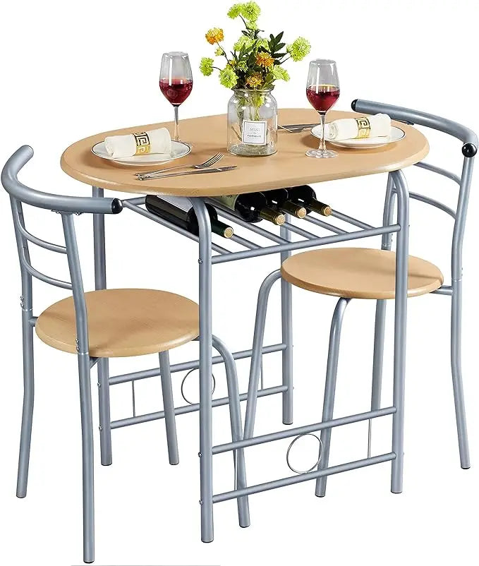 3-Piece Dining Table Set, Small Kitchen Breakfast Bistro Table Set for 2,  with Metal Frame and Storage Rack for Small Space