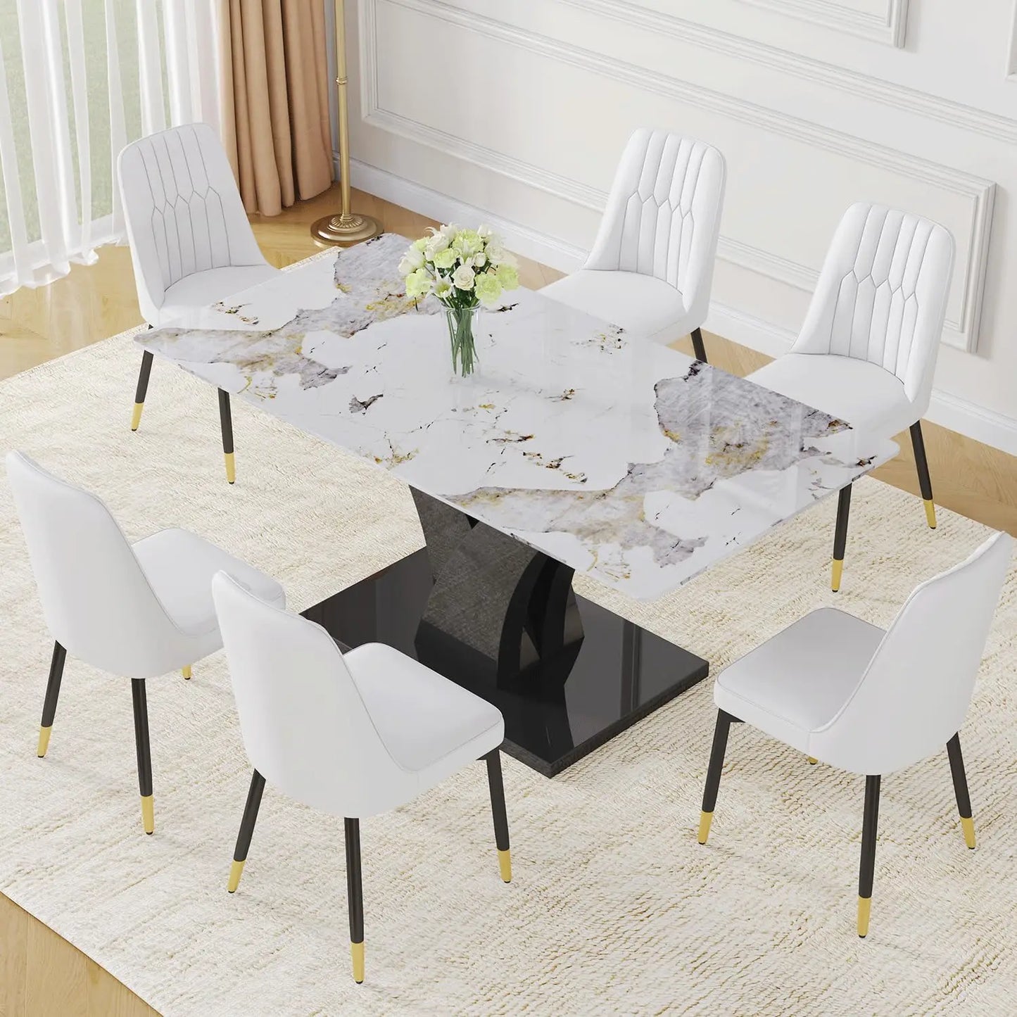 Juegos de comedor, mesa de cocina de 67" de imitación de mármol y 6 sillas de cuero PU, juego de mesa de comedor rectangular para 6