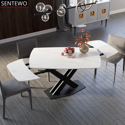 SENTEWO Table à manger extensible moderne en dalle de roche blanche avec 4 6 8 chaises, base en acier au carbone, table pliante noire, livraison gratuite