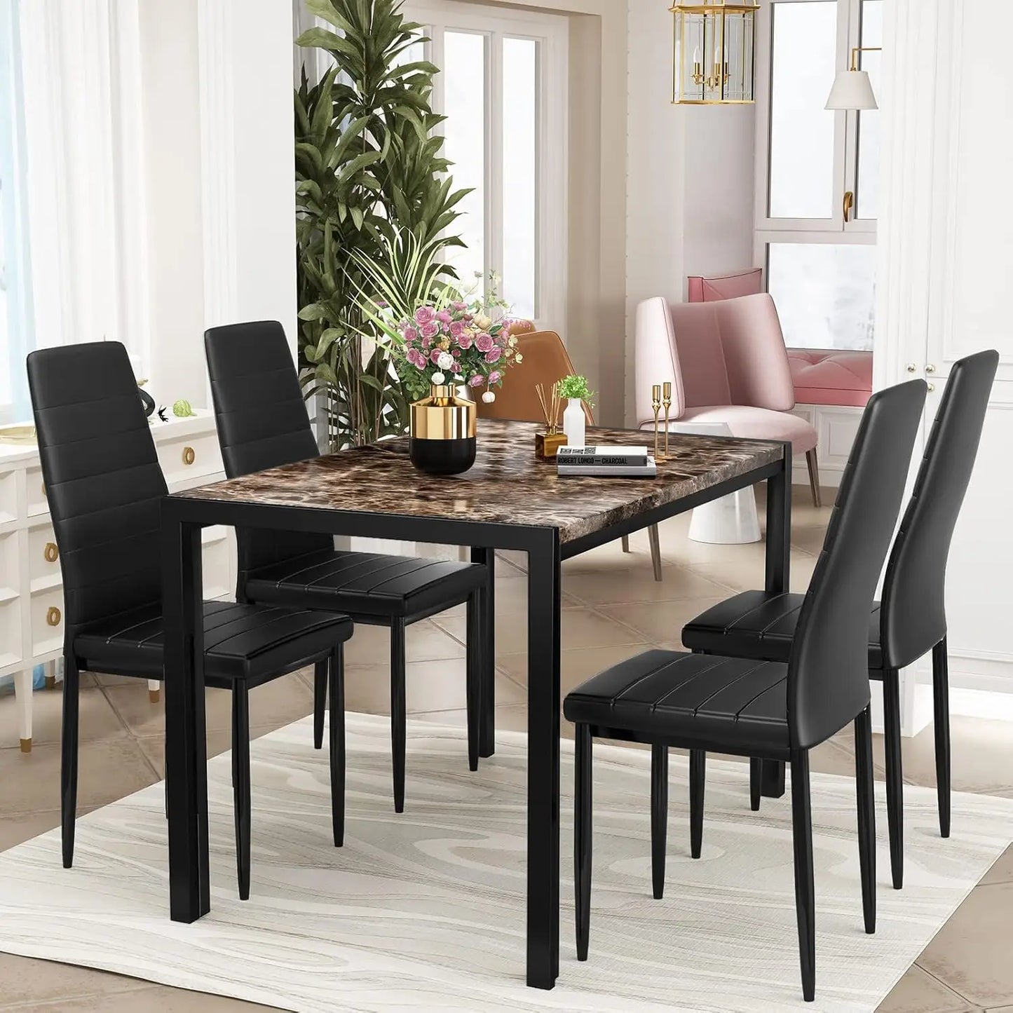 Ensemble de table à manger pour 4 personnes, ensemble de table et de chaises de cuisine de 4 pièces, ensemble de table de salle à manger en faux marbre, petite table de cuisine, brun