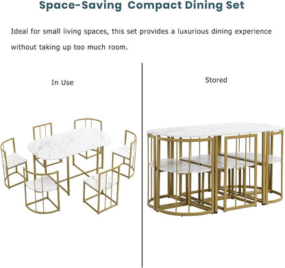 Juego de mesa de comedor de cocina de 7 piezas de metal Merax para 6 personas, juego de mesa de comedor de mármol sintético, juego de mesa de comedor industrial moderno