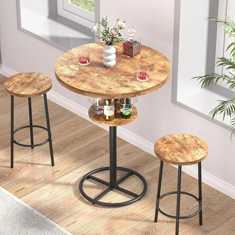 3 Piece Bar Table and Chairs Counter Height Bistro Pub Sets with 2 Barstools for Breakfast Nook, Small Space, Apartment