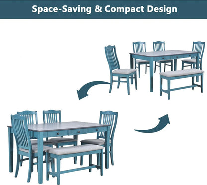 Ensemble de salle à manger en bois de 6 pièces avec tiroir, 4 chaises rembourrées et banc, bleu antique