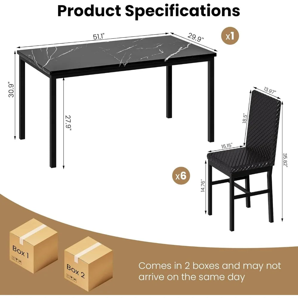 Ensemble de table à manger, grande table de cuisine moderne 7 pièces et chaises avec cadre en métal, ensemble de table de salle à manger avec 6 chaises en velours