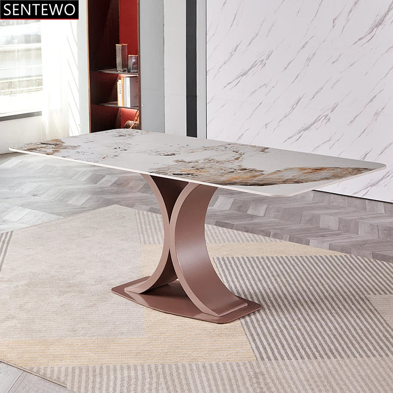 Mesa de comedor de lujo SENTEWO con losa de roca y silla de acero inoxidable con base de oro rosa y mármol sintético, muebles para cocina