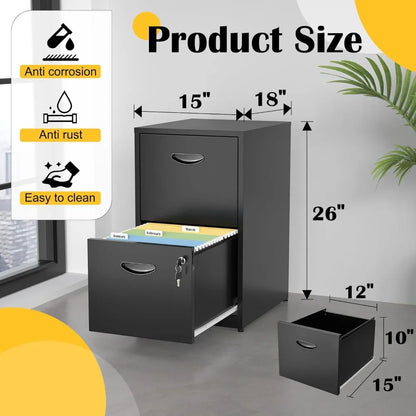 2-drawer Locked Metal Office Filing Cabinet, Black Vertical Modern Filing Cabinet, Office with Two Hanging Letter Drawers