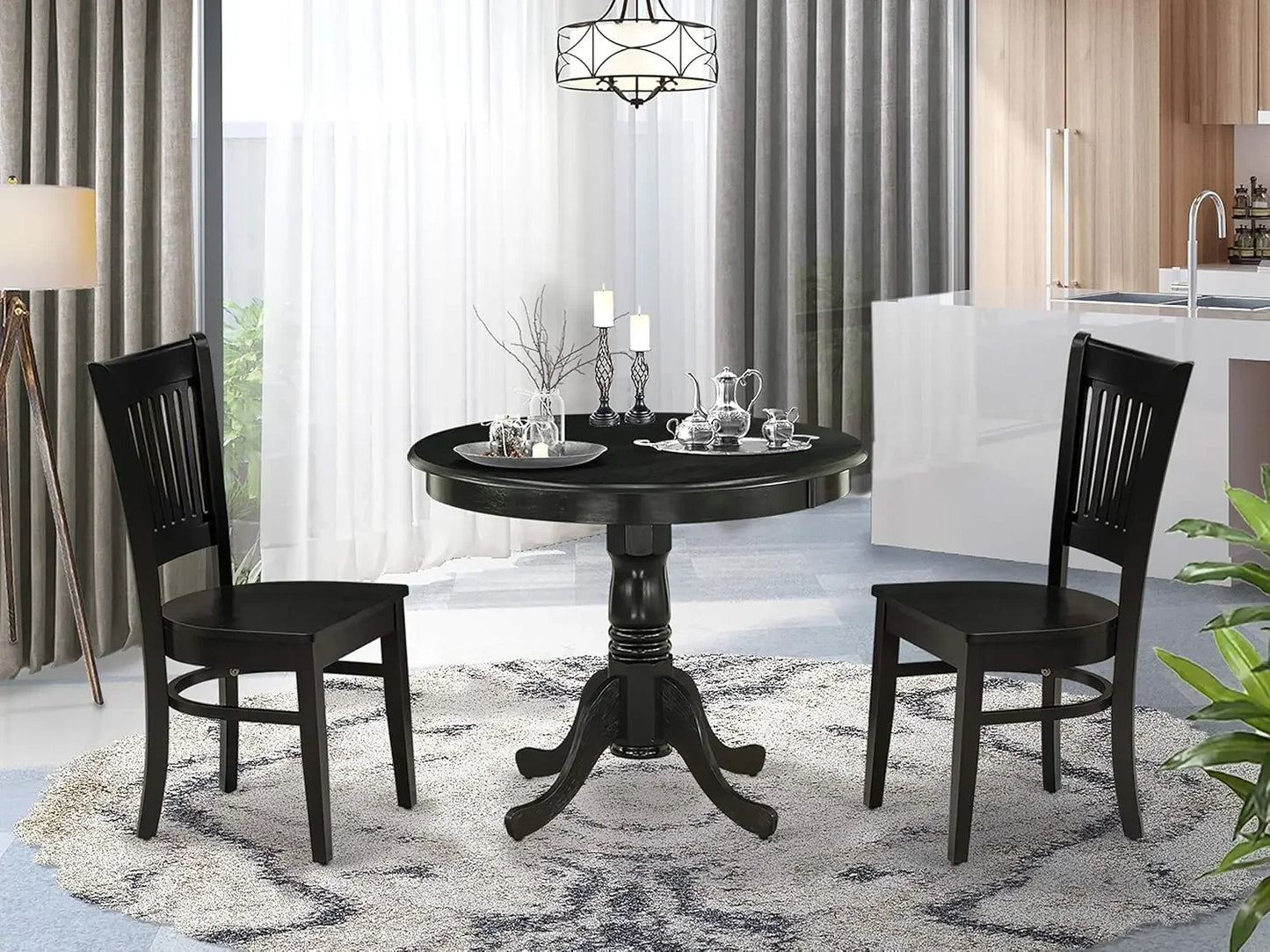 3 Piece Dining Room Furniture Set Contains a Round Dining Table with Pedestal and 2 Wood Seat Chairs, 36x36 Inch, Linen White