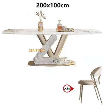 SENTEWO Tables à manger de luxe en marbre italien Ensemble de 4 chaises en métal émaillé titane Base dorée Meubles de maison Chaises Salle