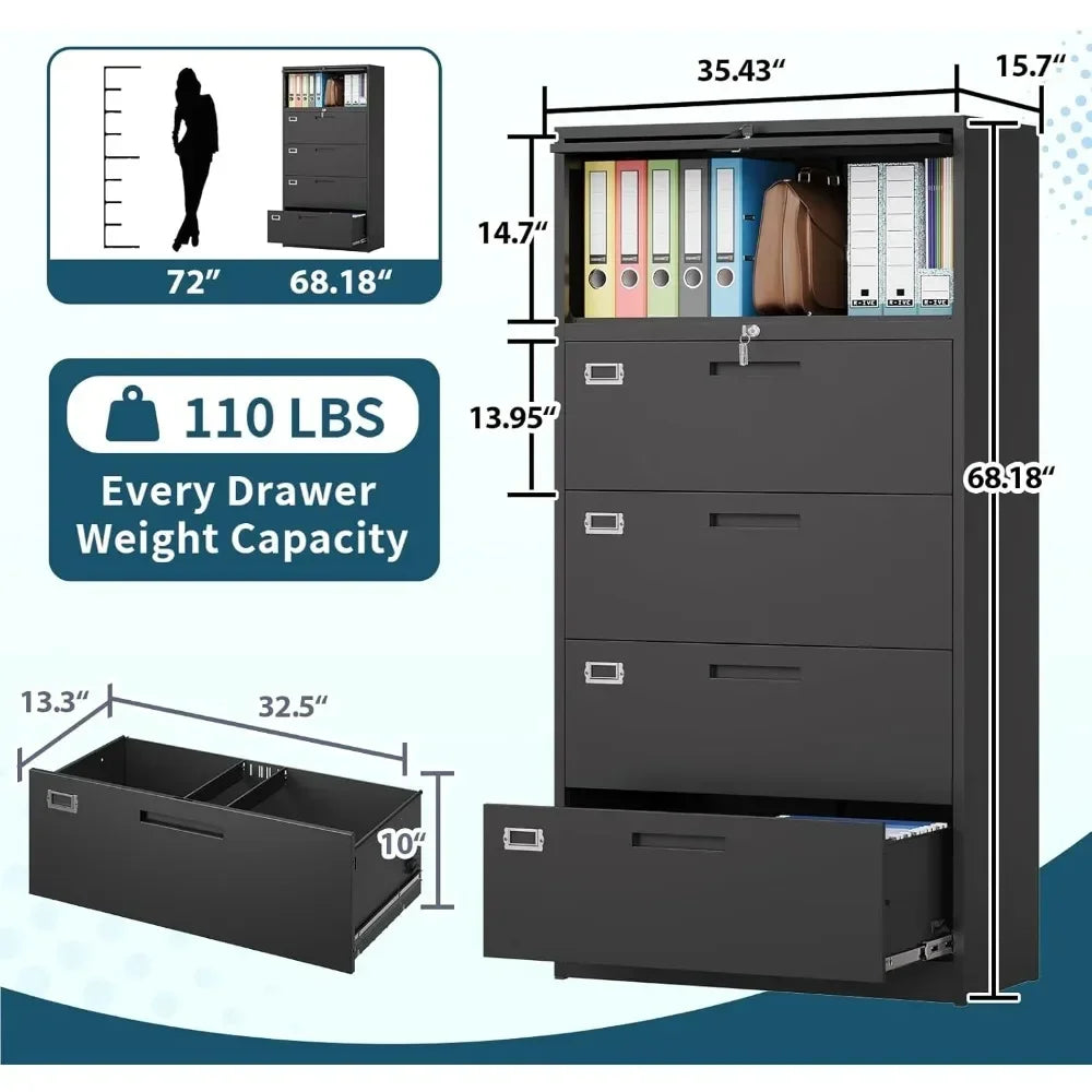 Classeur à 4 tiroirs avec étagère supérieure, latéral en métal avec serrure, 1 porte rabattable, solide et polyvalent pour armoire de bureau à domicile