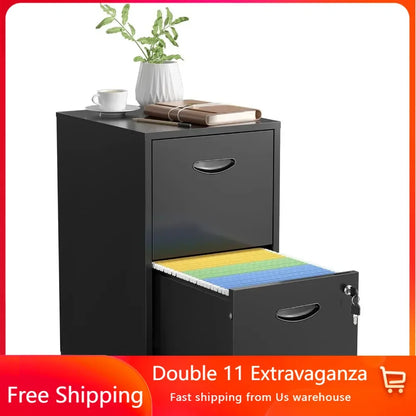 2-drawer Locked Metal Office Filing Cabinet, Black Vertical Modern Filing Cabinet, Office with Two Hanging Letter Drawers