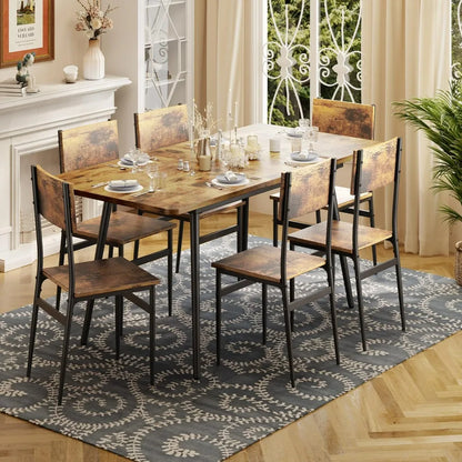 Juego de mesa de comedor extensible Qsun de 63" para 4 a 6 personas, juego de mesa de comedor de 7 piezas, juego de mesa de cocina rústica marrón para espacios pequeños