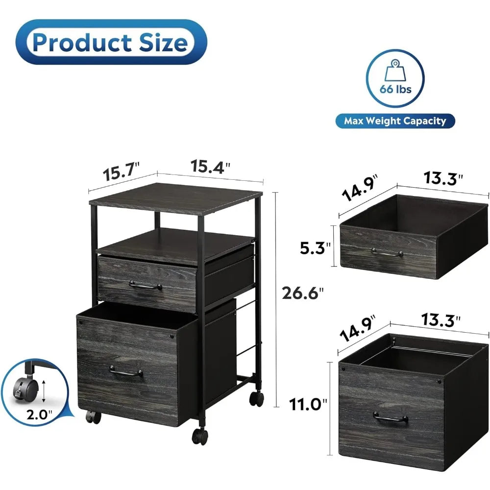 Archivador móvil de 2 cajones con ruedas y soporte para impresora con estante de almacenamiento abierto, mueble auxiliar, cómoda de metal para guardar cosas