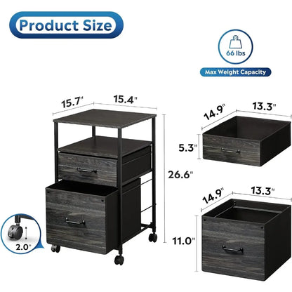 Archivador móvil de 2 cajones con ruedas y soporte para impresora con estante de almacenamiento abierto, mueble auxiliar, cómoda de metal para guardar cosas