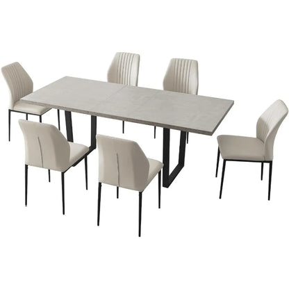 Modern Mid-Century Dining Table Set for 6-8 People Dining Room Table Set Extendable Wood Dining Table and 6 Upholstered Chairs