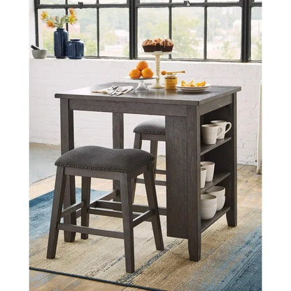 25" Counter Height Dining Room Table Set with 2 Saddle Barstools & Storage, Easy-to-Assembly,Gray Wash Finish