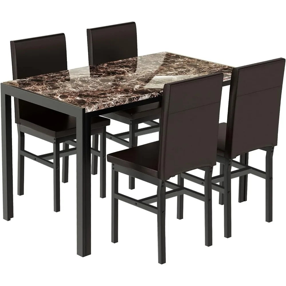 Ensemble de table à manger pour 4 personnes, tables à manger en faux marbre avec 4 chaises rembourrées en cuir PU, ensemble de table de salle à manger 5 pièces