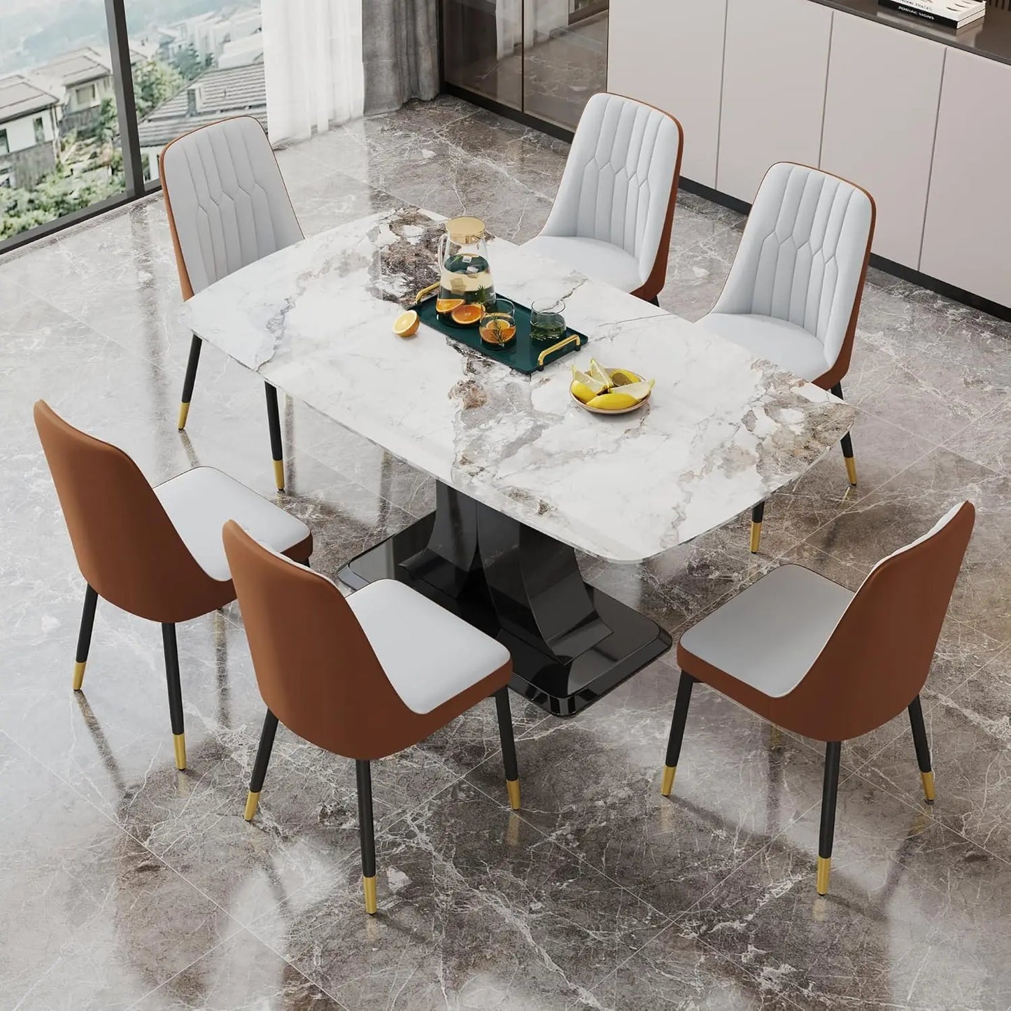 Juego de mesa de comedor moderno para 6 personas, juego de mesa y sillas de mármol para 6 personas, mesa rectangular con 6 sillas acolchadas de cuero sintético