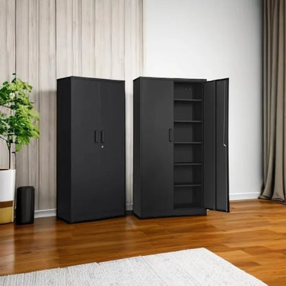 Gabinete de almacenamiento de metal con 2 puertas y 6 estantes, gabinete de metal negro con cerradura, gabinete de almacenamiento de garaje con cerradura de 71"