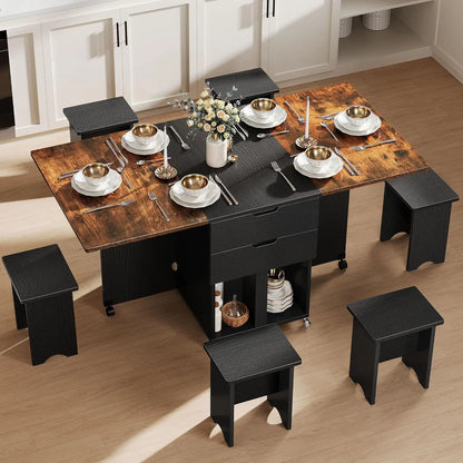 Dwvo - Juego de mesa de comedor plegable extensible de 7 piezas con 6 sillas para 6 personas, mesa de comedor de cocina de madera con hojas abatibles de 66,9"