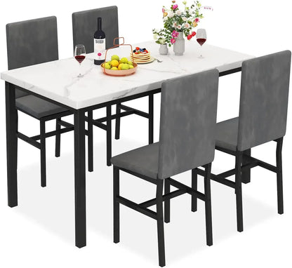 Juego de mesa de comedor MIERE para 4, juego de mesa de comedor de mármol de 5 piezas con 4 sillas con marco de metal de terciopelo para cocina, bar y sala de estar