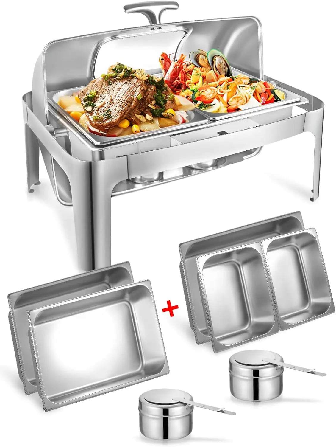 Rectangular Roll Top Chafing Dish Buffet Set, Catering Food Warmer for Parties, Wedding, Birthday, Christmas, 1 Full Size & 2 Ha