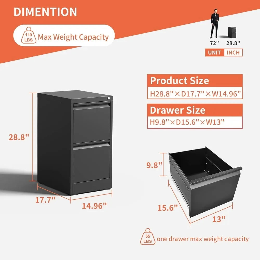 2 Drawer File Cabinet,Black Metal Filing Cabinets for Home Office,Vertical File Cabinet with Lock for A4/Letter/Legal Size Files