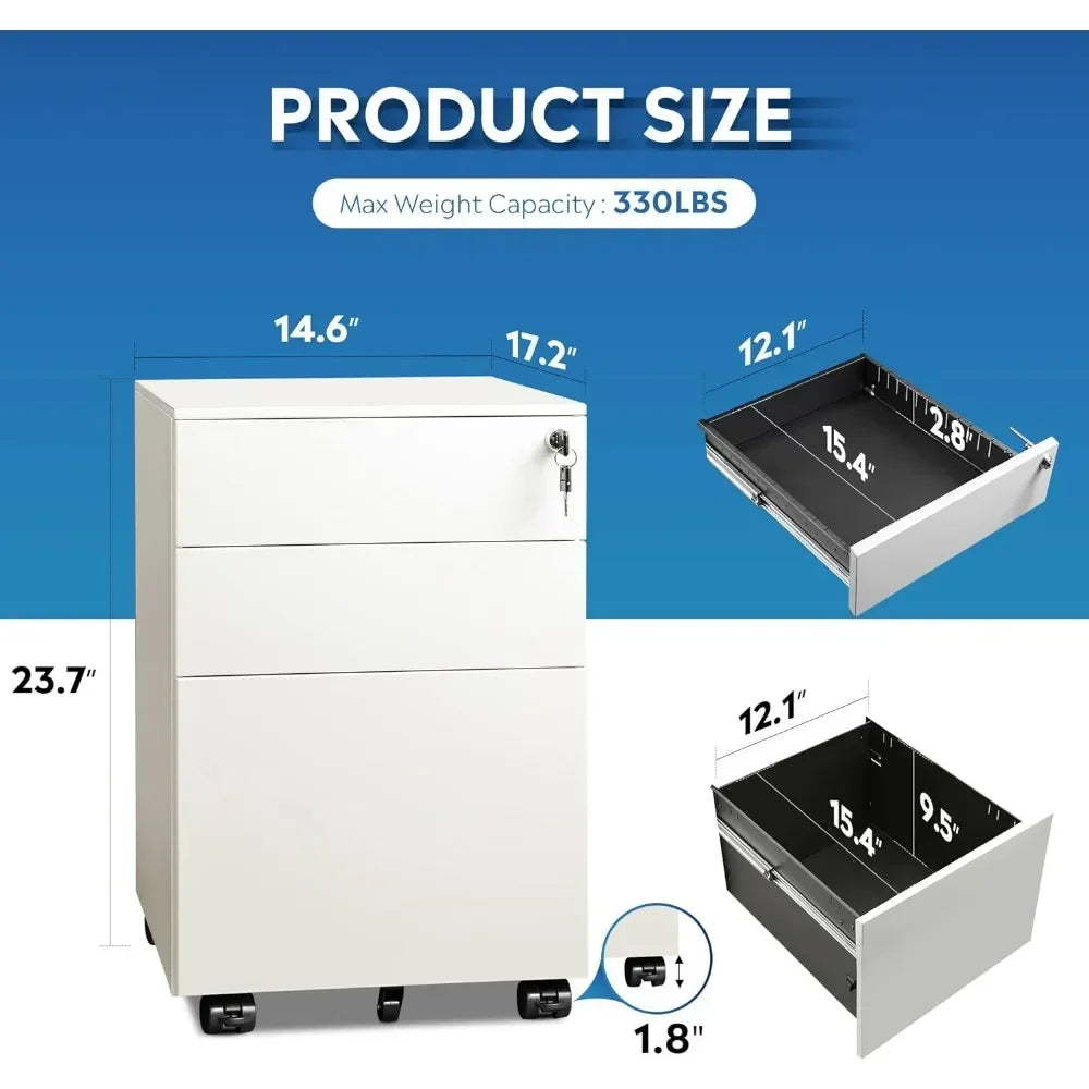 Archivador con cerradura, pedestal rodante de 3 cajones debajo del escritorio de oficina, completamente ensamblado excepto ruedas, blanco, gran espacio de almacenamiento