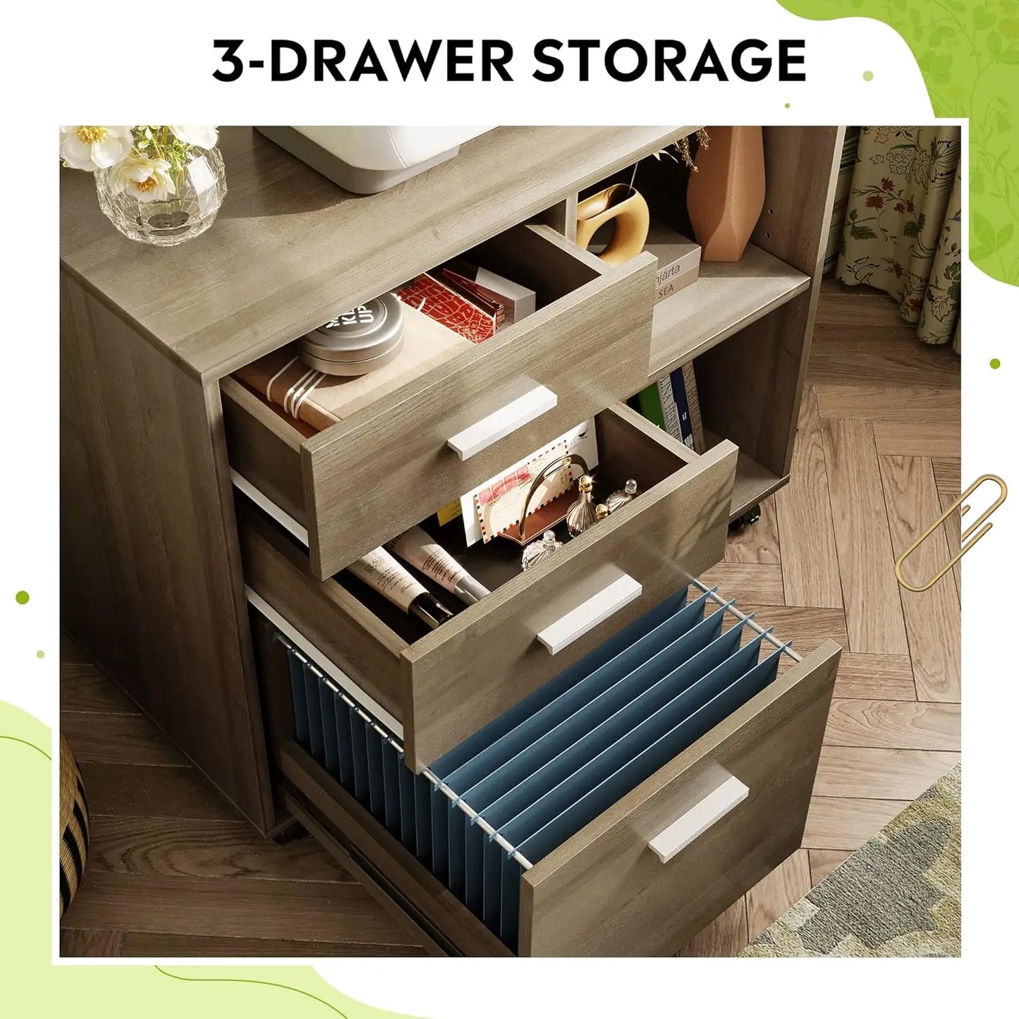 3-Drawer wooden filing cabinet, mobile horizontal filing cabinet, printer rack with open storage rack for home office