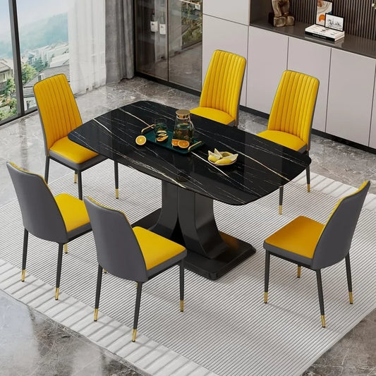 Ensemble de table à manger, ensemble de chaises de cuisine en marbre pour 6 personnes, tables avec 6 chaises rembourrées en cuir PU, ensemble de table à manger